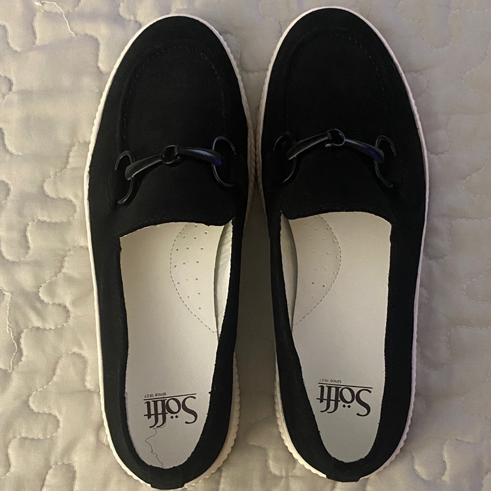 Sofft Black Suede Loafers with White Soles